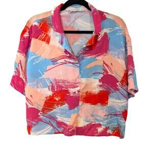 Womens Abstract Button Up Blouse Medium Colorful Art Print Short Sleeve Top